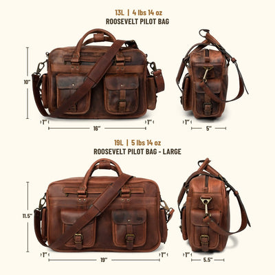 The Roosevelt Buffalo Leather Pilot Bag is a full-grain water buffalo leather bag built for travel and everyday carry.

Specifications

Exterior dimensions: 16 inches long, 5 inches wide, 10 inches high. Laptop sleeve dimensions: 13.5 inches long, 8 inches wide. Laptop compatibility: fits most 15-inch laptops. Shoulder strap length: 61 inches fully extended, 48 inches at shortest setting. Total weight: 4 pounds 14 ounces (4.88 lbs / 2.21 kg). Material: full-grain water buffalo leather.
