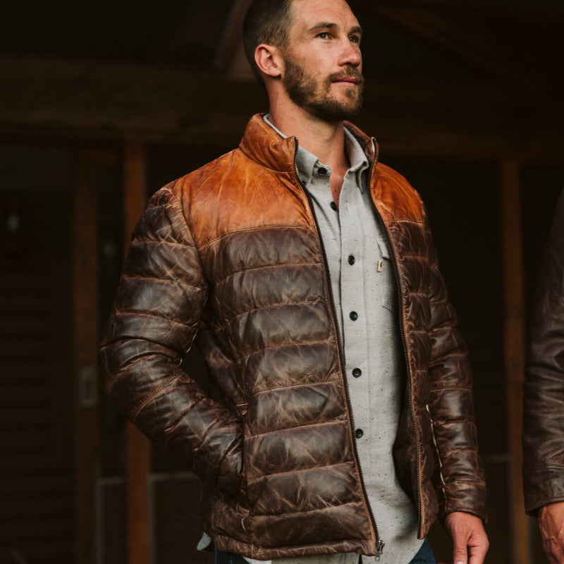 Authentic Buffalo Jackson Bridger Leather Down Jacket in two-tone tan and brown full-grain lambskin — sold only at 